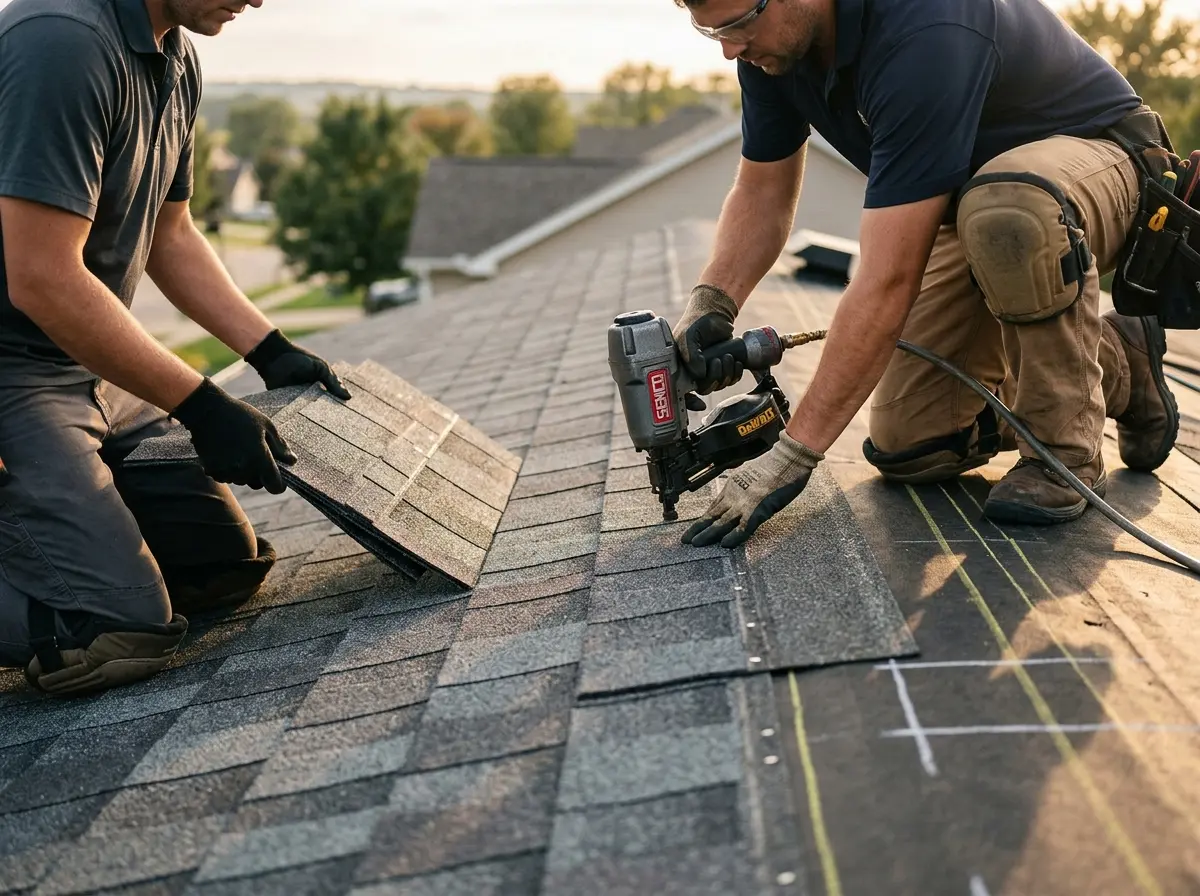 Professional roofer working on a residential roof in Crofton